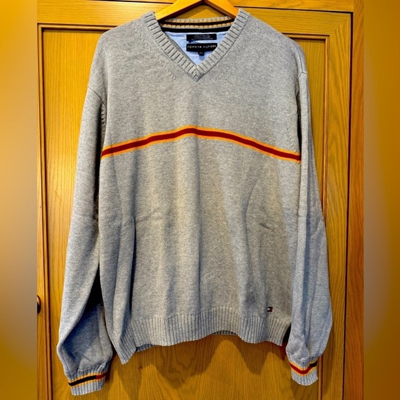 Tommy Hilfiger Cotton Y2K V-Neck Sweater Grey with Striping / xlarge - Picture 1 of 13